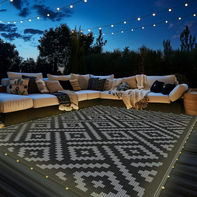Outdoor Rug x Reversible Mats Outdoor Area Rug Plastic Straw Rug Geometric Rv Mat for Patio Camping Rv Picnic Backyard Deck Balcony Porch Beach Trailer ( & Grey)