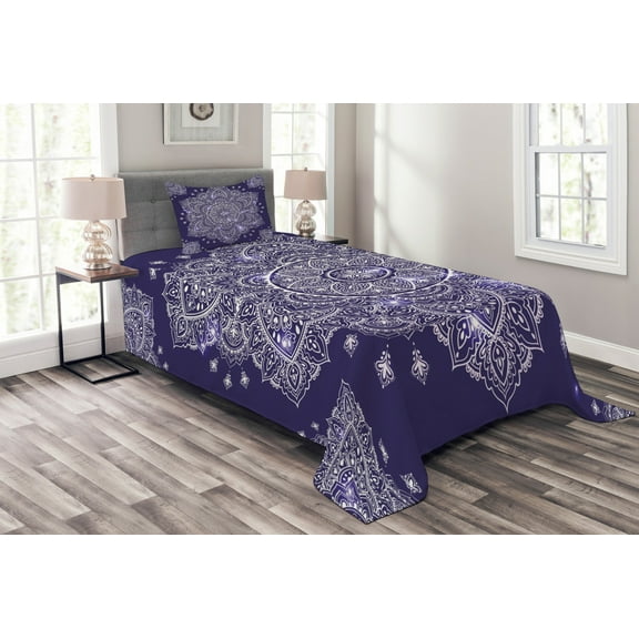 Ambesonne Ethnic Quilted Bedspread Set 2 Pcs, Floral Round Retro Ornament, Twin Size, Lavender Blue Indigo