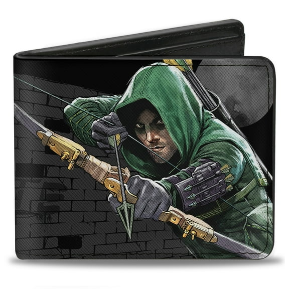 DC Comics Wallet, Bifold, Arrow Aiming Pose Vigilante Bricks Black Grays, Vegan Leather