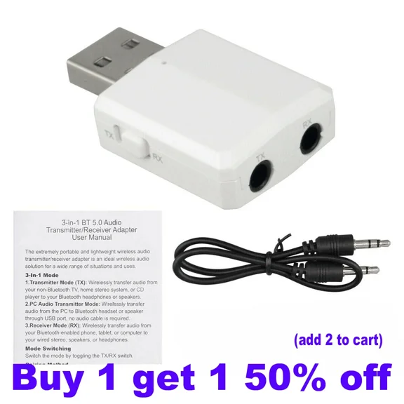 White 3 In 1 Usb Bluetooth 5.0 Audio Transmitter/Receiver Adapter For Tv Pc Car