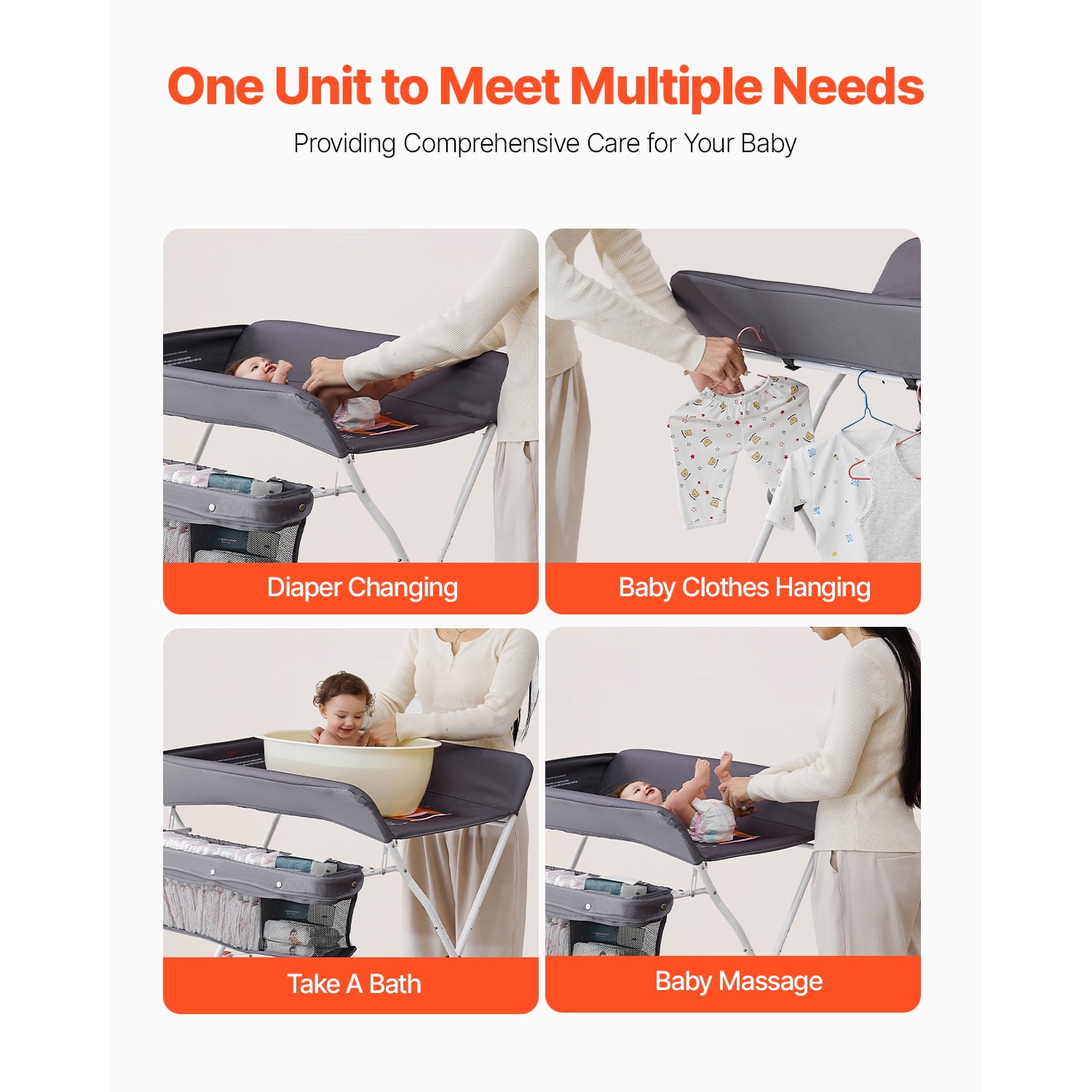 KFFKFF Foldable Baby Changing Table with Adjustable Height, Portable Diaper Station Featuring Side Basket, Lockable Wheels, and Multi-Functional Storage Organizer for Nursery, Dark Gray