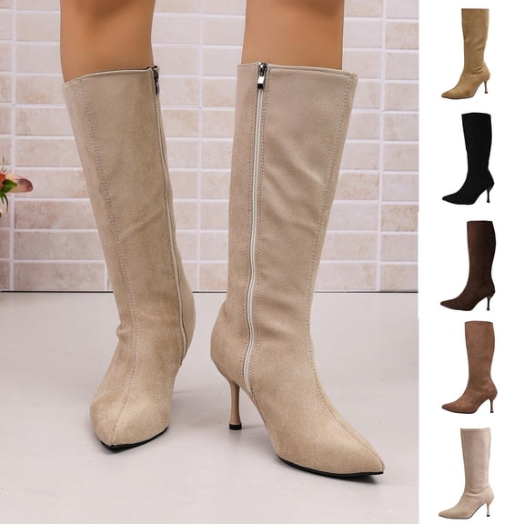 Women Pointed Toe Side Zipper Stiletto Knee High Boots Solid Color Faux Suede Elegant Fall Winter Boots Multi Color US Size 4.5 To 8.5 Khaki