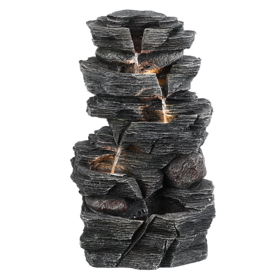 Jnismy Cascading Rock Water Fountain, Outdoor Water Fountain with LED Warm Light, Outside Patio Water Features Fountain, Garden Waterfall Decor
