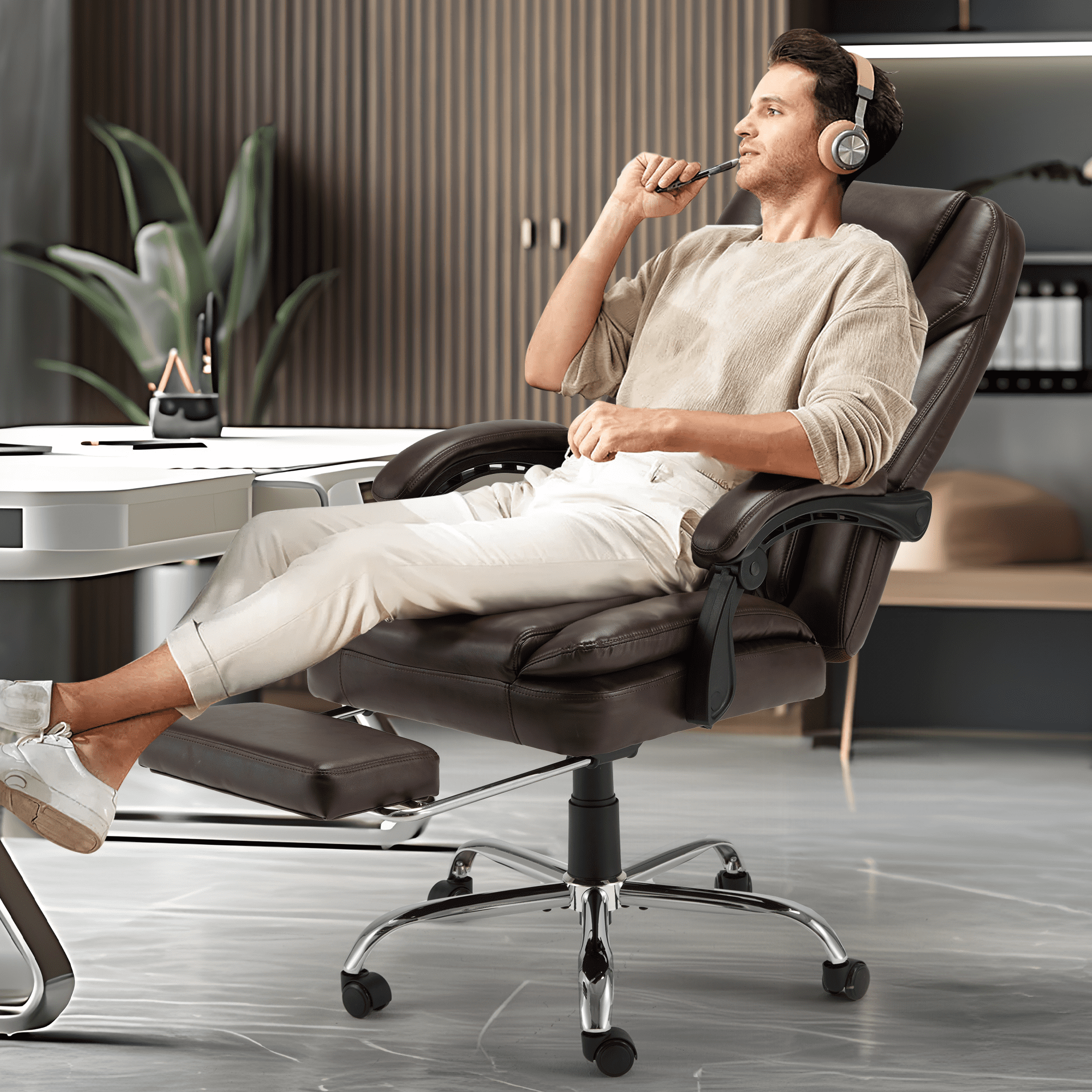 HOMREST Executive Office Chair, Ergonomic Office Chair with Lumbar Support, Office Chair Massager with Heating Function, Office Chair with Wheels and Pedals, Home Office Desk and Chair, Brown