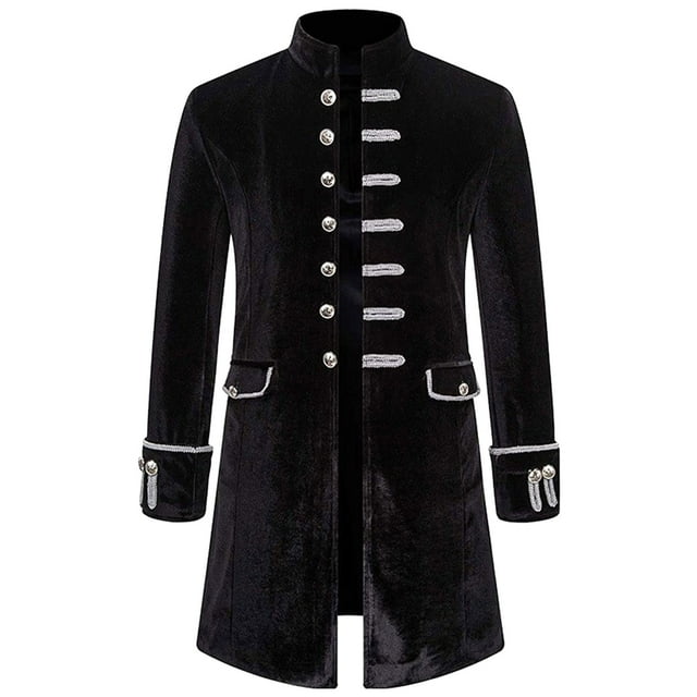 DPTALR Men Solid Long Sleeve Steampunk Vintage Velvet Uniform Stand Collar Cardigan Jacket
