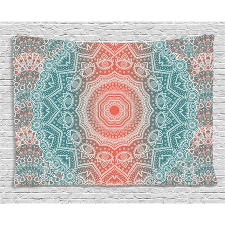 Coral Wall Hanging Coral and Teal Tapestry, Modern Tribal Mandala Tibetan Healing Motif with Floral Geometric Ombre Art, Wall Hanging for Bedroom Living Room Dorm Decor, 60W X 40L Inches, Coral Teal, by Ambesonne ()