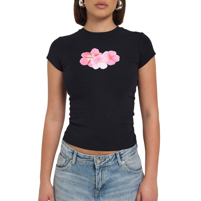 SUNSIOM T-shirt Graphique pour Femmes, Imprimé Floral Col Rond Manches Courtes Ajusté Hauts d'Été pour Usage Quotidien