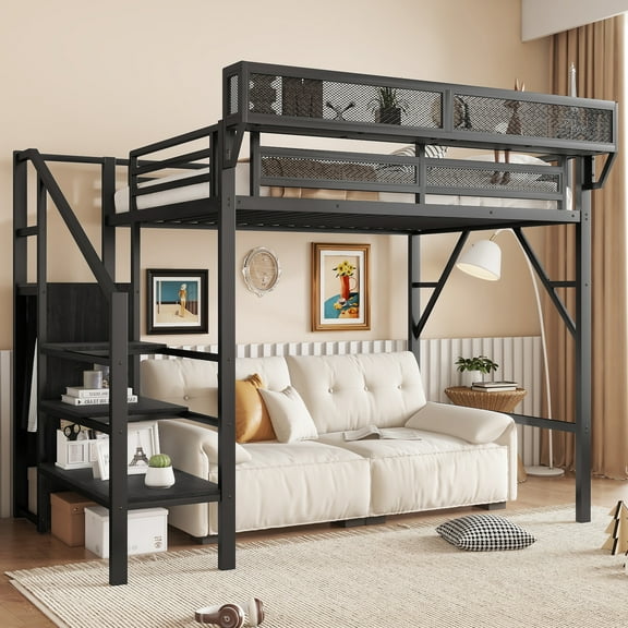 Newest Twin Size Loft Bed with Stairs, Metal Full Loft Bed with Storage Shelves, High Loft Bed with Wardrobe for Teens, Black