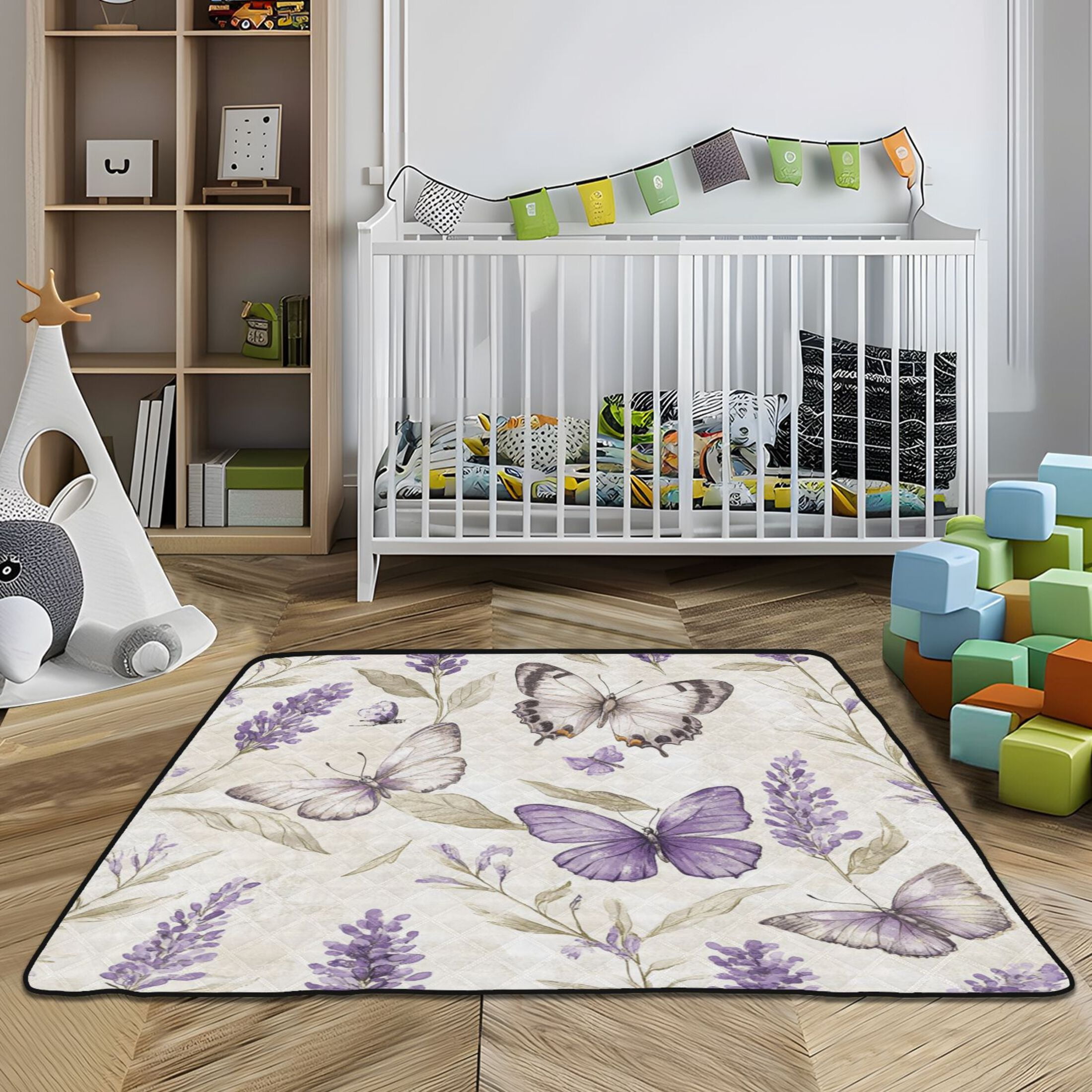 WOBOGO Purple Lavender and Butterfly Baby Playmats Extra Large Waterproof Rollable Activity Pads for Toddlers 50×50inch