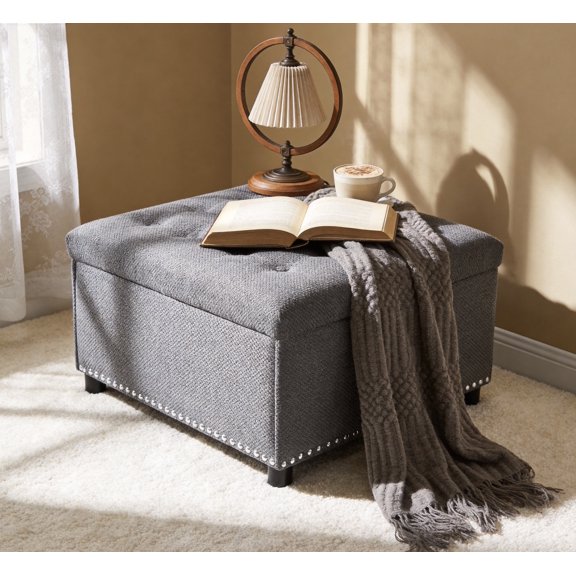 Storage Ottoman with Hidden Storage, Tufted Upholstered Footstool with Nailhead Trim, Square Ottoman for Living Room Bedroom, Light Gray Wood Fabric 30x30x16.25 Inch, Small Space Home Decor
