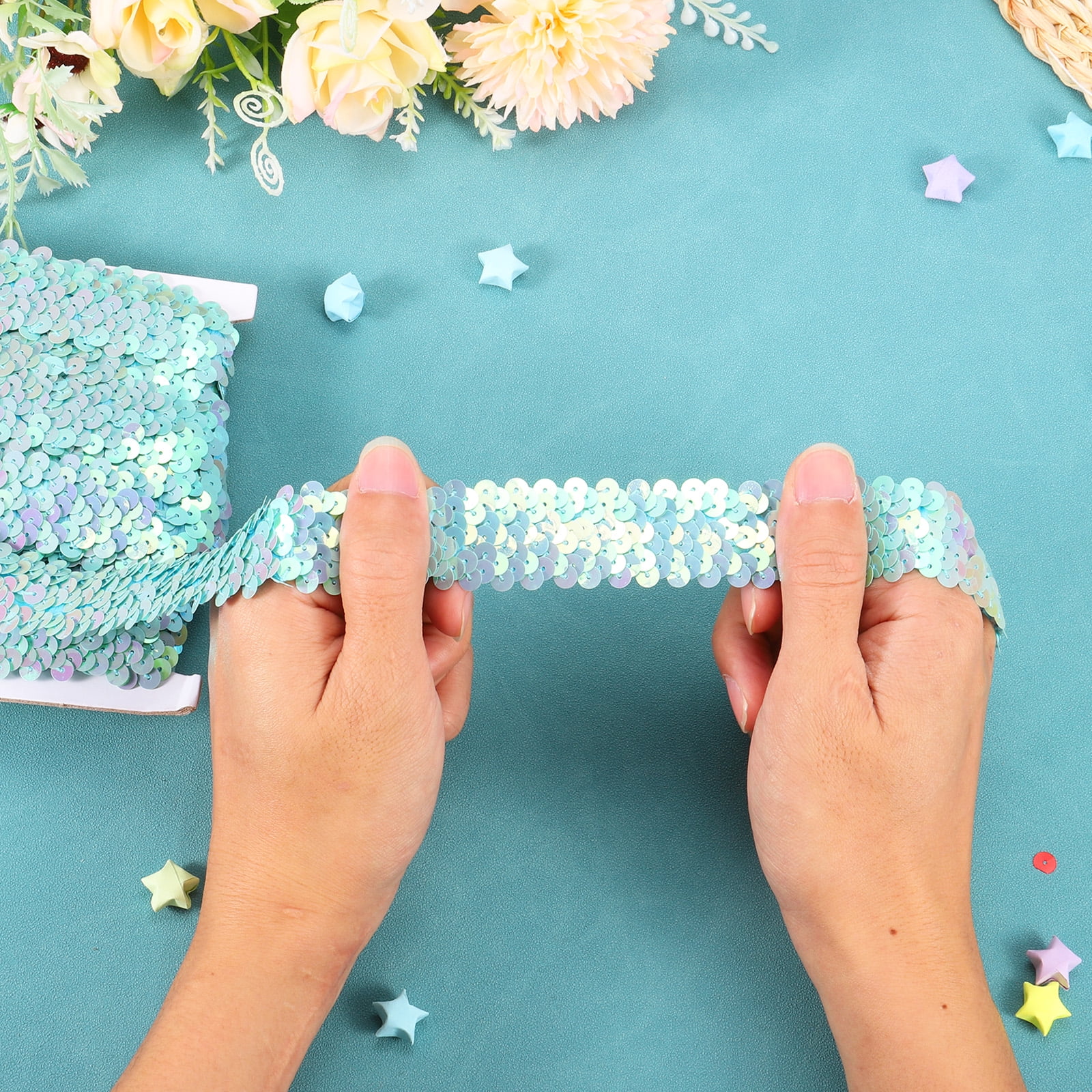 Uxcell 10 Yards 1.8 Inch Elastic Sequins Trim Flat Stretch Sequin Ribbon Strip, Blue
