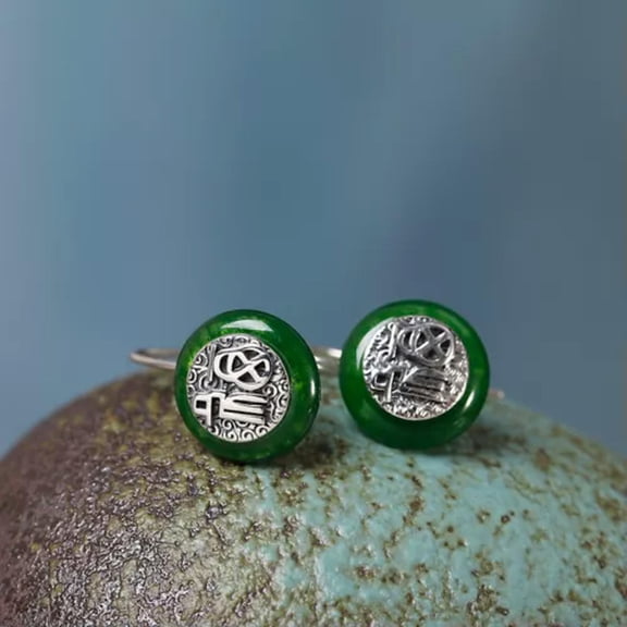 EOEMY Real 925 Sterling Silver Natural Jade Jadeite Women Round Fu Dangle Earrings