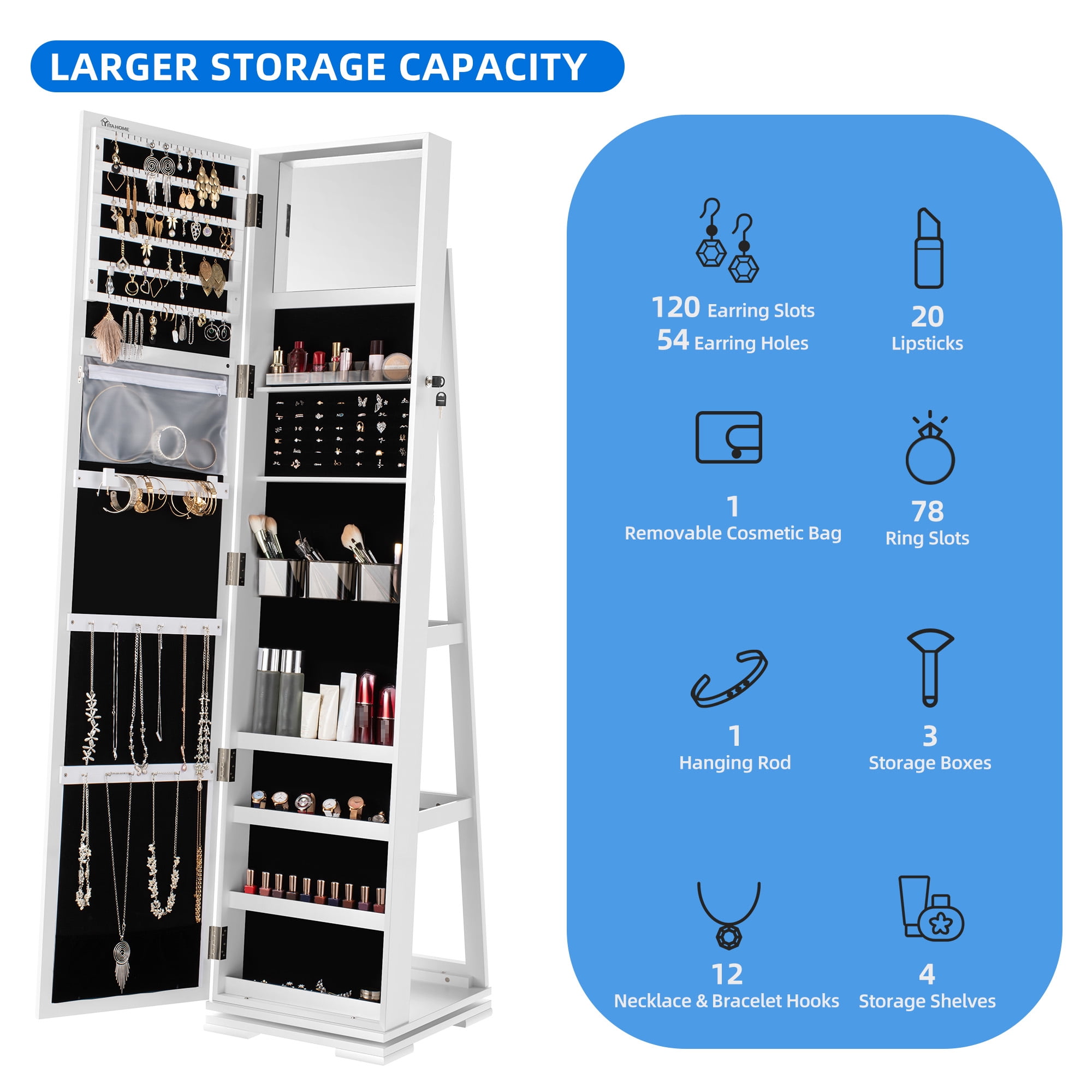 Uforic 360 Spinning Lockable Jewelry Armoire with Free-Standing Mirror, White