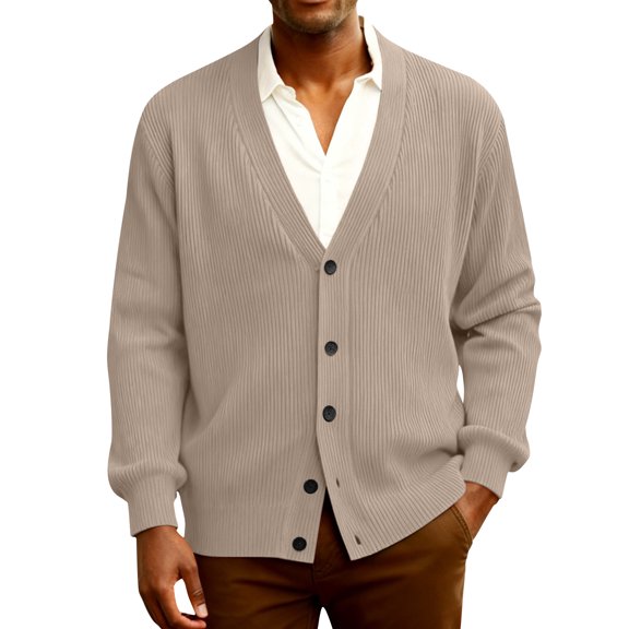 Rib Knit Sweaters for Men Long Sleeve Button Front V Neck Jackets Lightweight Business Casual Soft Loose Fit Sweater Khaki XL