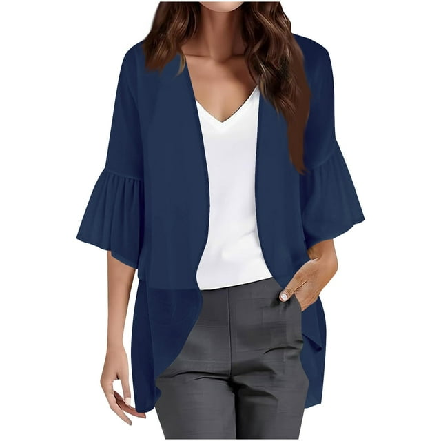 Kaemgyyd Lightweight Summer Chiffon Cardigan for Women Cute Ruffle 3/4 Sleeve Kimono Boho Open Front Cardigans for Beach