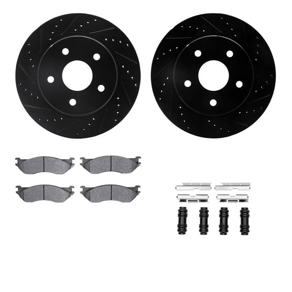 Dynamic Friction Company Front Brake Rotors-Drilled and Slotted-Black with Heavy Duty Brake Pads includes Hardware 8212-40162