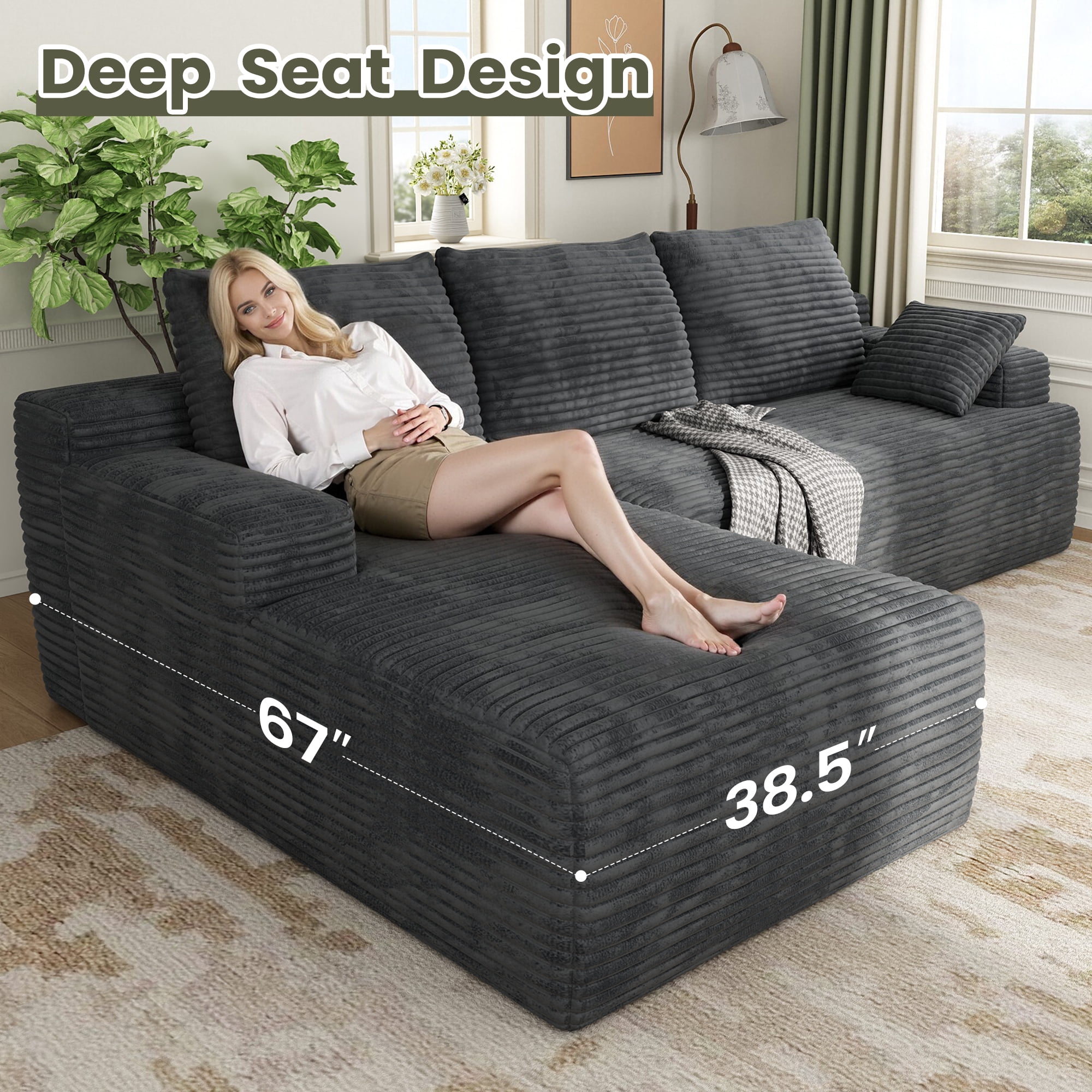 104" Cloud Sectional Couch with L-Shape Chaise, Modern Modular Sofa with Deep Seat, Upholstered Couches with Back Cushion for Living Room Bedroom, No Assembly Required, Black Grey (Corduroy Fabric)