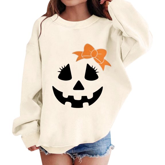 UACY Toddler Girls Halloween Crewneck Sweatshirt, Pumpkin Face Bow Fleece Pullover, Long Sleeve Soft Fall Tops for Kids Holiday Party Wear (Beige, 3-4 Years)