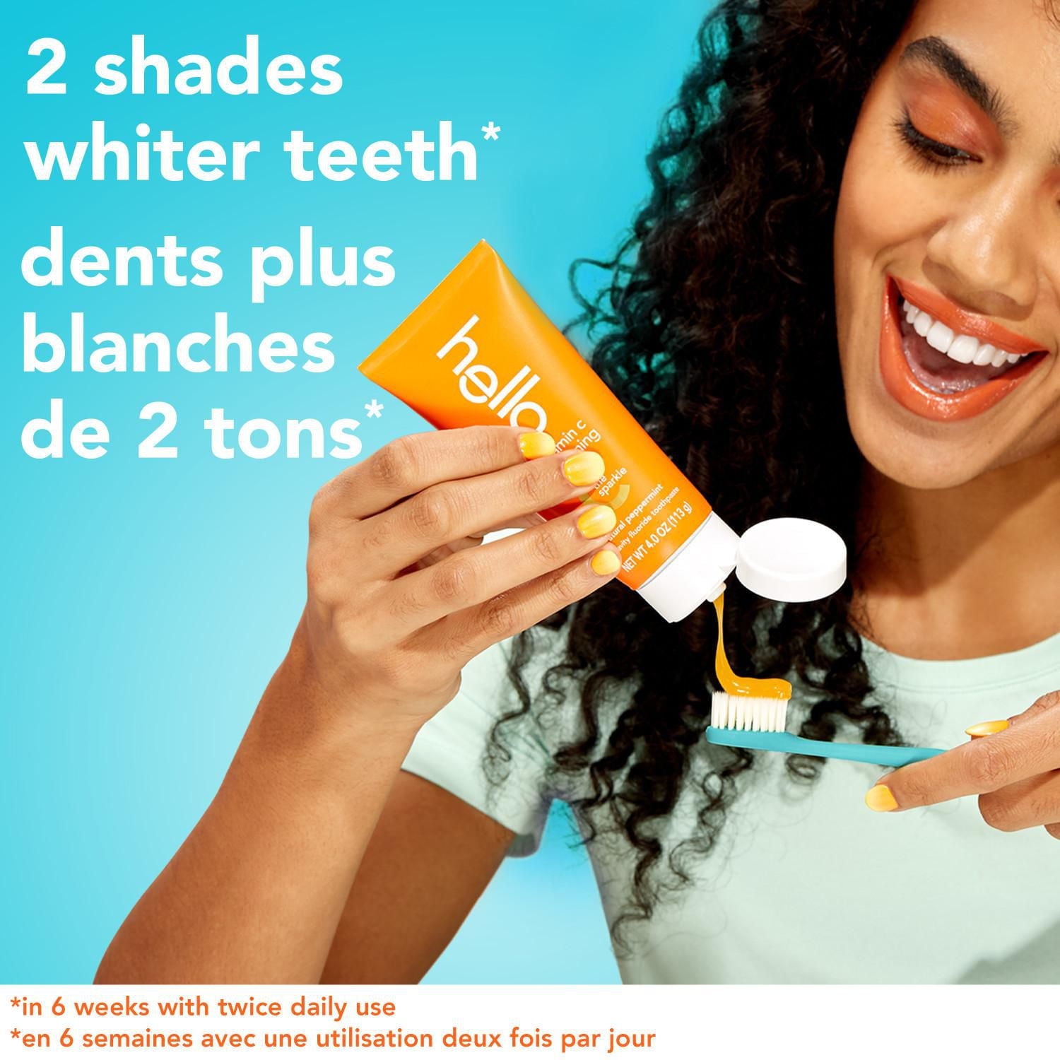 Hello Super Mega Whitening Toothpaste with Fluoride, Whitening Toothpaste Powered by Vitamin C, Helps Whiten Teeth Up to 2 Shades Whiter, Natural Peppermint Flavour, 82 mL Tube, Hello Toothpaste