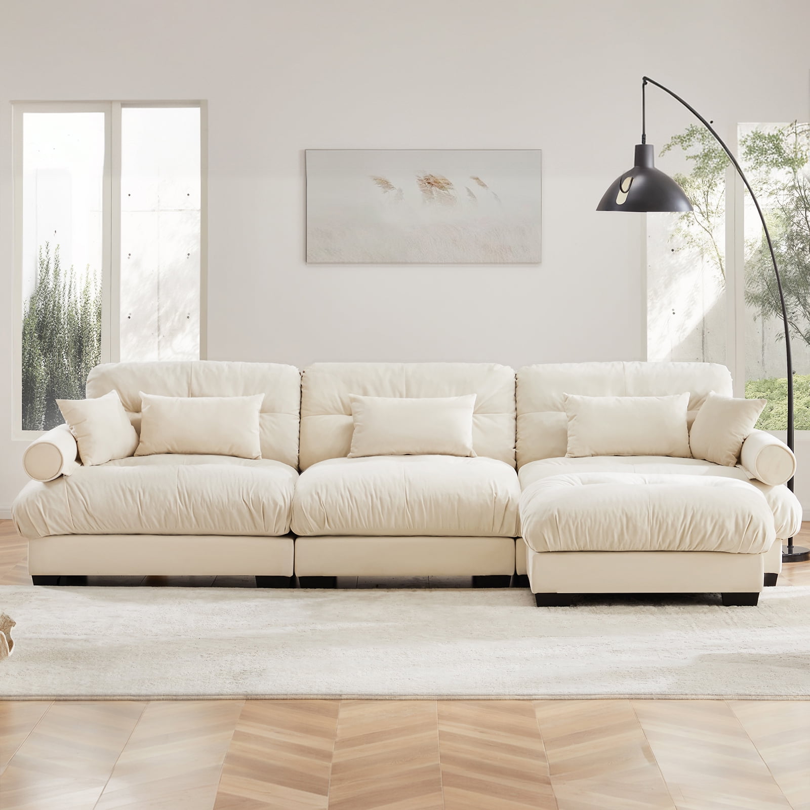 130"Oversized Couch, 3 Seater Modular Sectional Sofa, Beige Large L Shaped Sectional Couches for Living Room, Fluffy Couch Set, 3 Seater, Velvet Cloud Couch with Ottoman, Sofas for Living Room