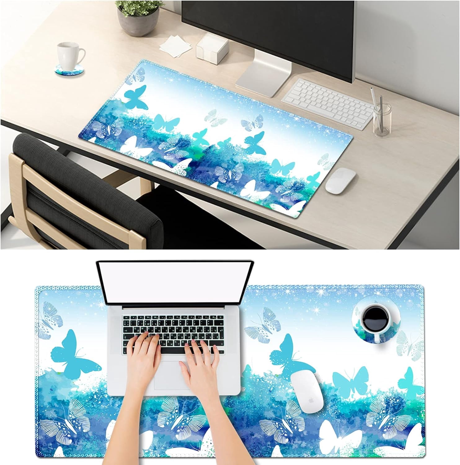 Large Gaming Mouse Pad with Stitched Edges, XXL Extended Keyboard Mat Long Mousepad Desk Decor Writing Pad 35.1x15.7 in, Non-Slip Base for Work, Game, Office, Home, Blue Butterfly