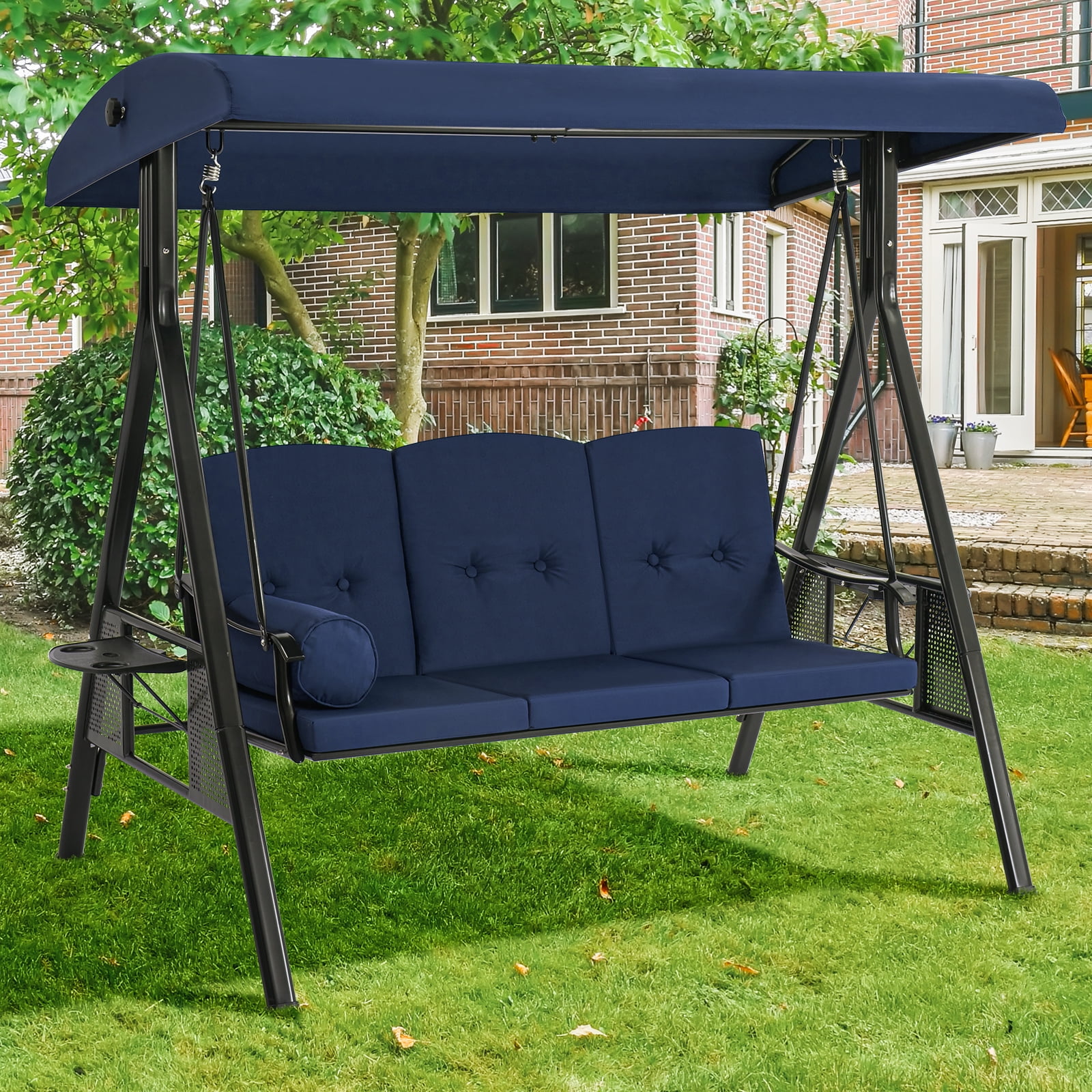 AECOJOY Steel Outdoor Patio Canopy Steel Porch Swing Chair, Dark Blue