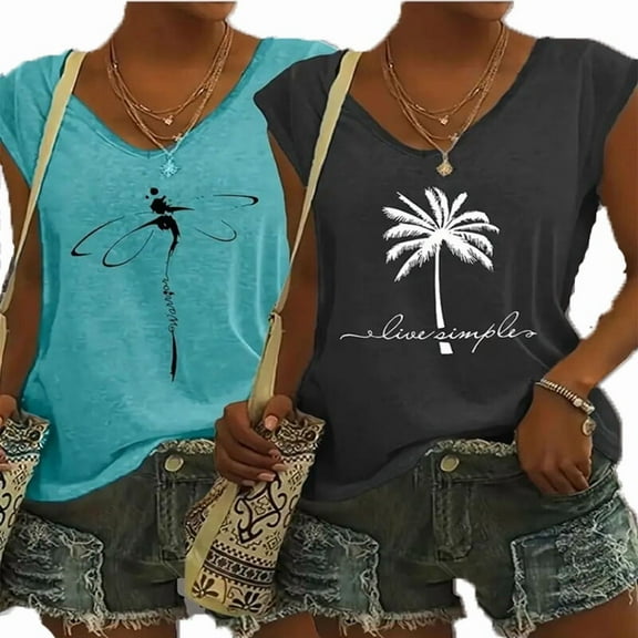 ZEHJUHAN 2-Pack Women's Sleeveless Tank Tops, V-Neck Loose Fit with Graphic Prints Summer Casual Beach Shirts Gray Blue，S