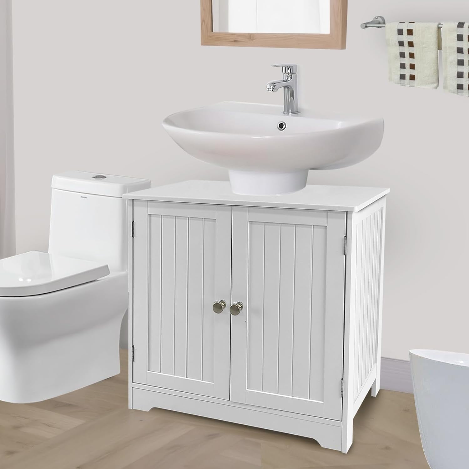 XYJBHB Bathroom Sink Cabinet Gray Pedestal Sink Storage Vanity Organizer with 2 Doors Adjustable Shelf Small Under Sink Unit Space Saver 24" x 12"x 24", White