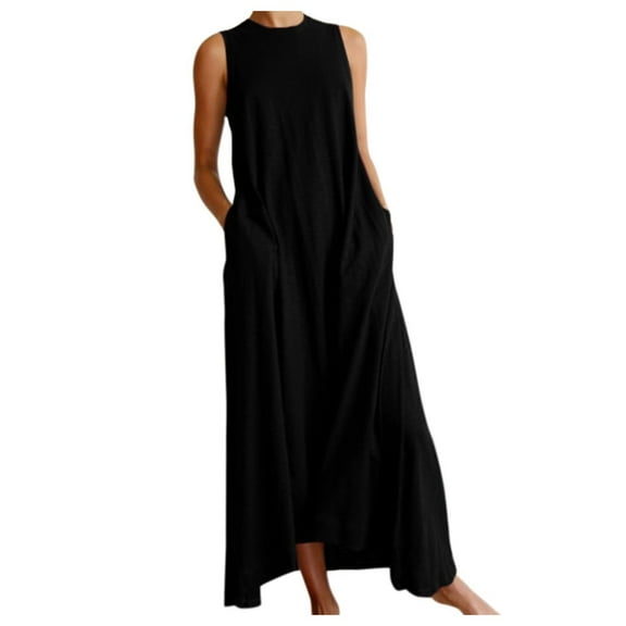 POIUYTR Sleeveless Dresses for Women 2024 Summer Midi Dresses Casual Loose Crewneck Beach Vacation Maxi Sundress with Pockets