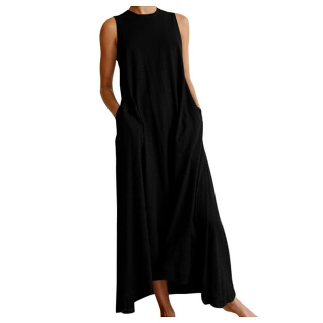 KIHOUT Robes d'Été pour Femmes, Mode pour Dames d'Été Sans Manches Décontractée à Col Rond Robes Robe de Couleur Unie Noir G