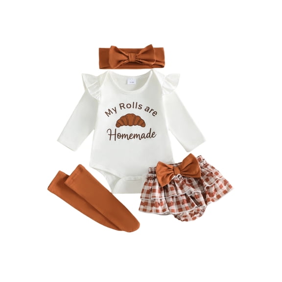 Loicainy 4Pcs Infant Baby Girl Thanksgiving Outfit 3 6 12 18 Months Long Sleeve Crew Neck Croissant Print Romper Plaid Layered Skort Headband Socks Clothes Set