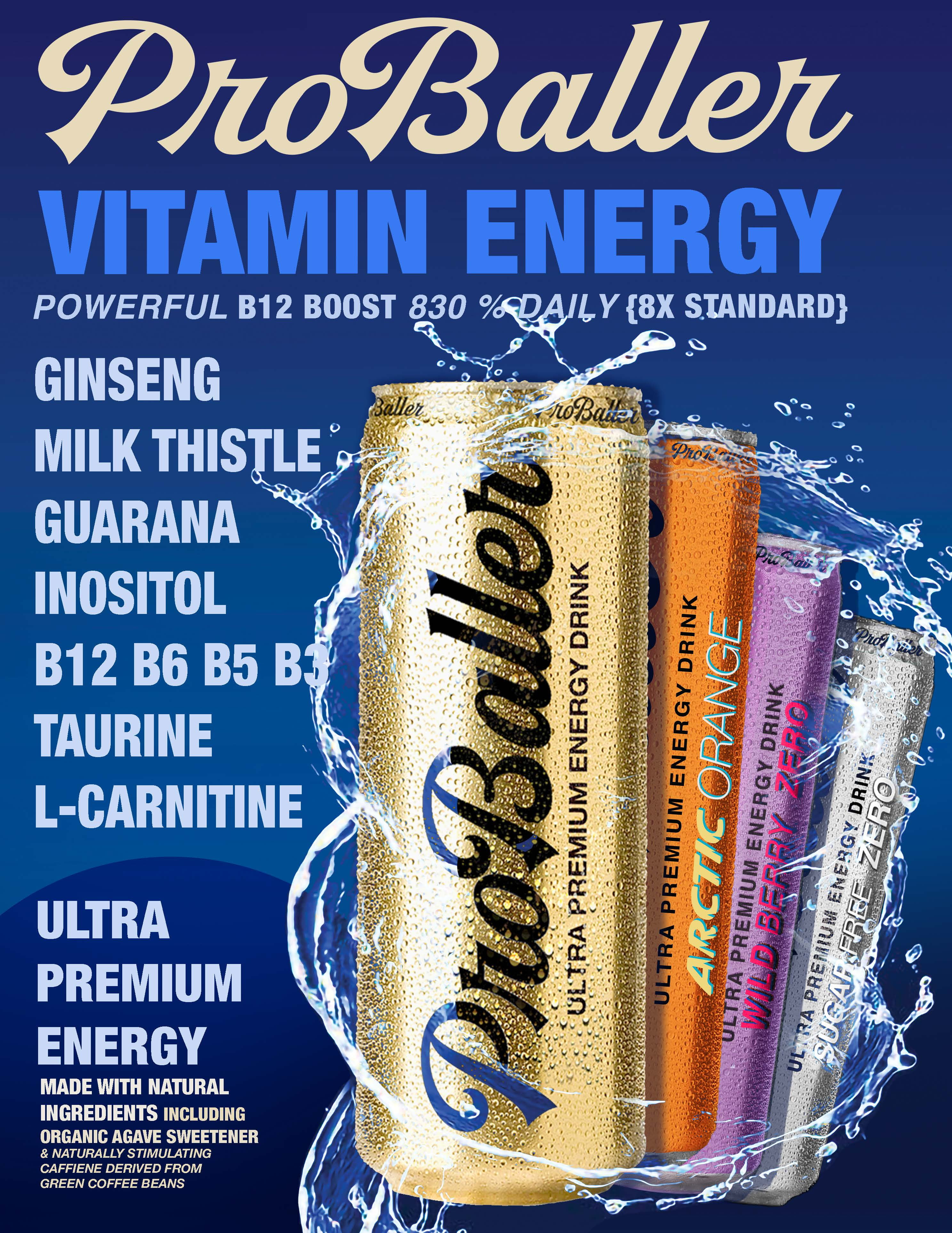 ProBaller Ultra Premium Energy Drink – Blue Raspberry - ZERO- NSF SPORT CERTIFIED- Natural Clean Energy - Biotin, Electrolytes, Essent B-Vitamins- B12 (Methylcobalamin) + more. 12 fl oz (pack of 15)
