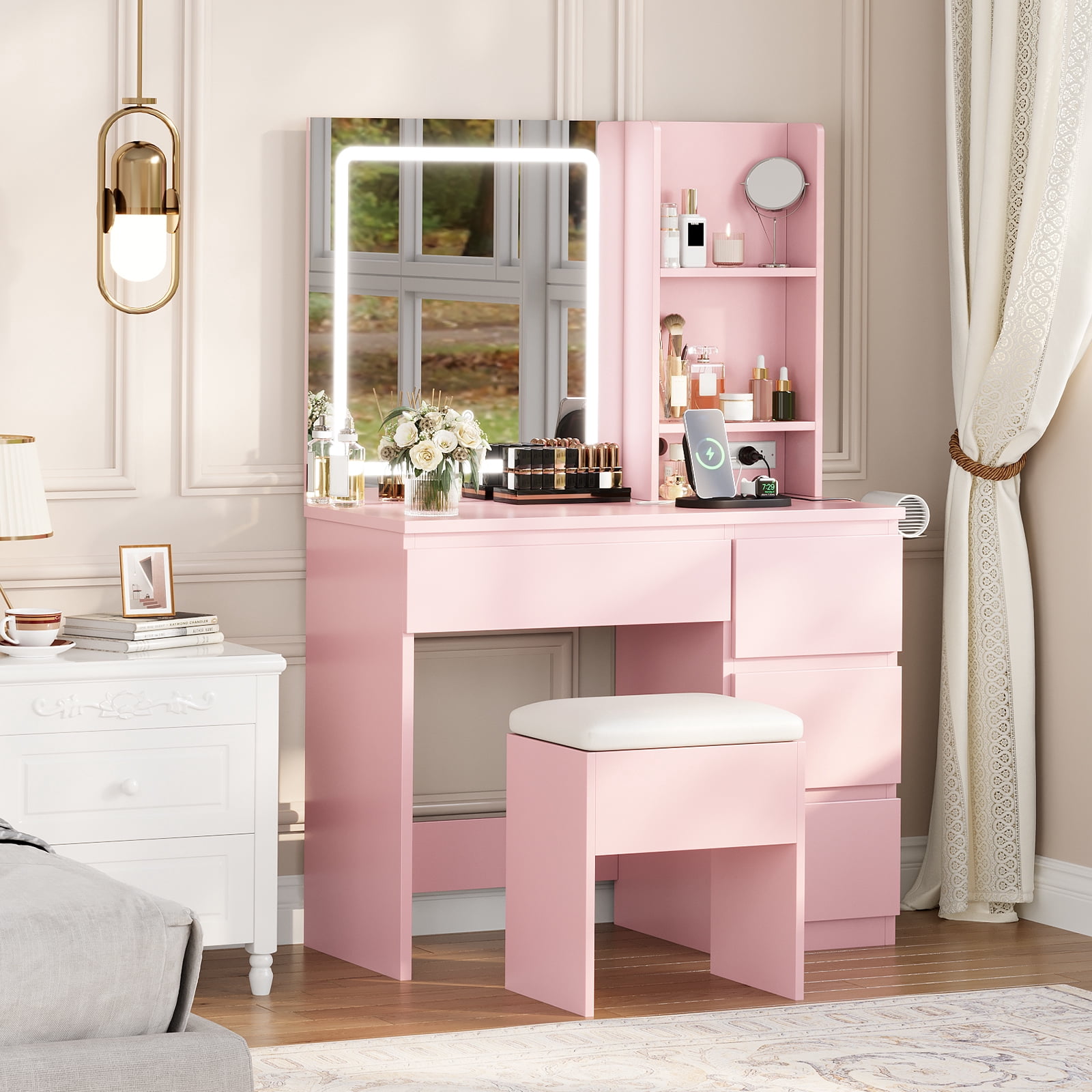 M optimized Vanity Desk with Mirror and Lights - Modern Makeup Dressing Table with Outlets, Storage Stool, 4 Drawers & Hair Dryer Holder - 3 Colors LED Vanity Mirror, Vanities for Bedroom