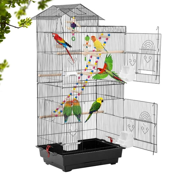 NiamVelo 39 inch Metal Bird Cage for Parakeets, Roof Top Parrot Cage with Toys Flight Pet Cage for Outdoor&Indoor,Black