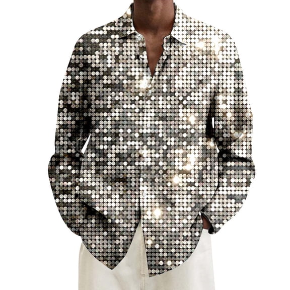 XIAOCHA Men's Sparkly Sequin Shirt Collared Long Sleeve Button Up Casual Blouse Eye Catching Glam Party Going Out Top