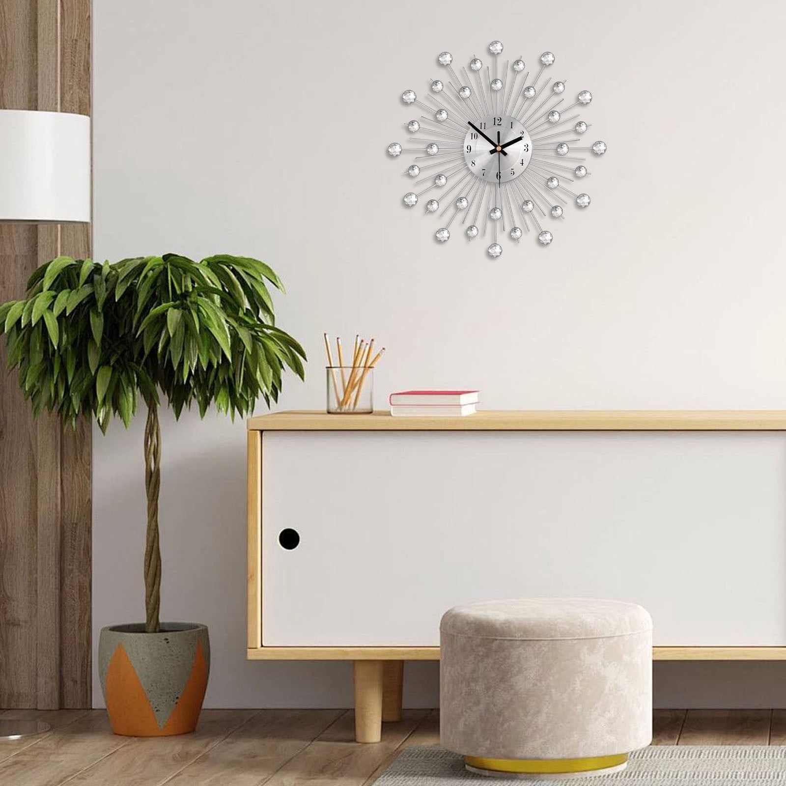 NWOKYZGH Large Wall Clock for Living Room Decor, Non-Ticking Quiet Modern Metal Starburst Bling Silver Crystal Wall Clocks Decor for Bedrooms Kitchen Decorative