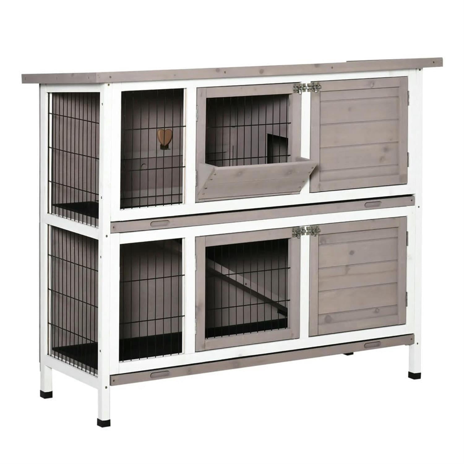 Kadyn 48" 2-Story Wooden Rabbit Hutch with Slide-out Tray, Outdoor Small Animal Habitat Enclosure Bunny Cage for Bunnies, Guinea Pigs, Gray