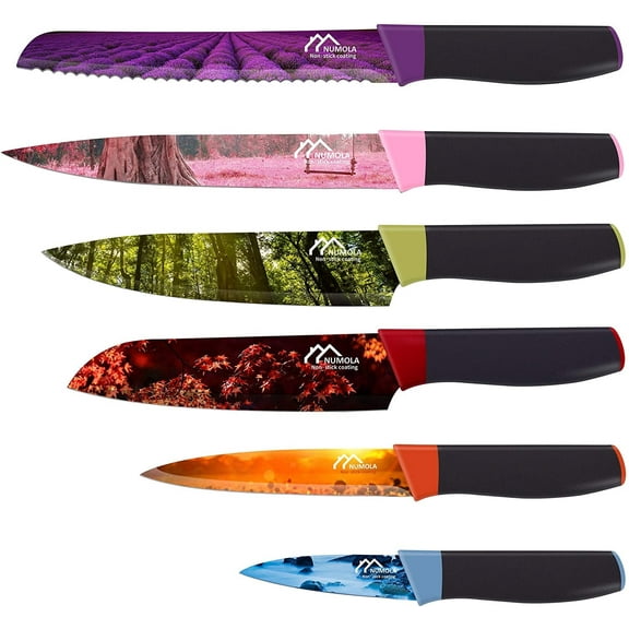 Memotoo Colorful Kitchen Knife Set with Gift Box, Stainless Steel Chef Knife Set with Ergonomic Handle, 6 Piece Colored Cooking Knives with Landscape Coating Gifts for Couple Chefs