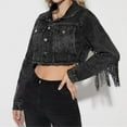 thumbnail image 7 of Usmixi Winter Denim Jacket for Women Fringe Coat for Women Fashion Button Down Lapel Cropped Jean Jackets Vintage Distressed Solid Jean Coat Outwear with Pocket Denim Jacket Under $5, 7 of 7