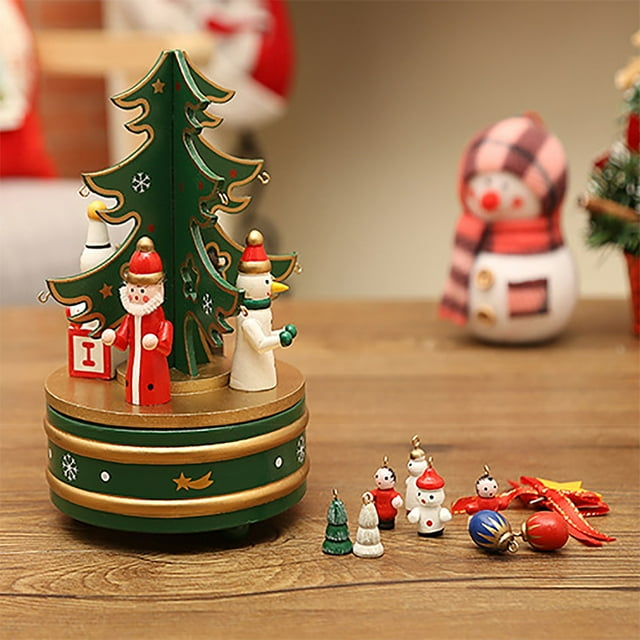 Outdoor Christmas Decorations Desktop Ornament Christmas Wooden Rotating Music Box: Christmas Tree Musical Box Christmas Table Top Decorative Crafts Wind Up Revolving Musical Music Box For All Age