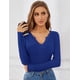 thumbnail image 2 of Tops de manga larga AKEWEI para mujer, cuello en V, punto acanalado, azul real, 2 of 5