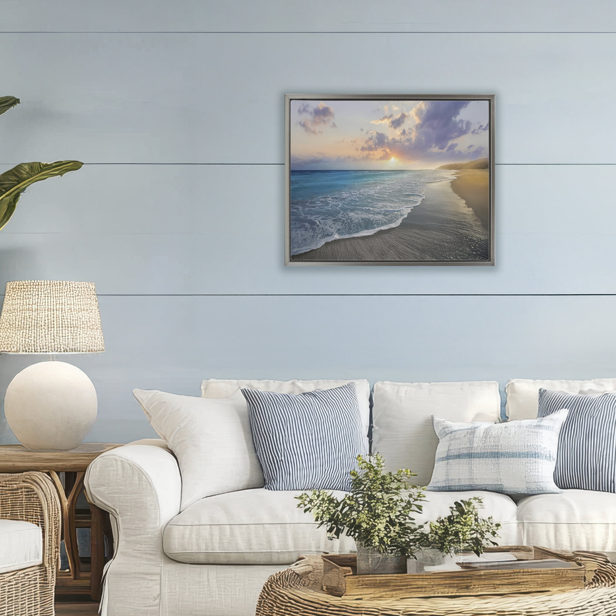 Stupell Industries Sunset over Tranquil Coast Gray Framed Floater Canvas Wall Art, design by Mike Calascibetta
