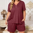 thumbnail image 4 of Domzest Womens Plus Size Short Pajama Sets V Neck Button Up Top & Drawstring Elastic Waist Shorts with Pockets 2026 Summer Loose Fit Sleepwear Sets Wine L, 4 of 7