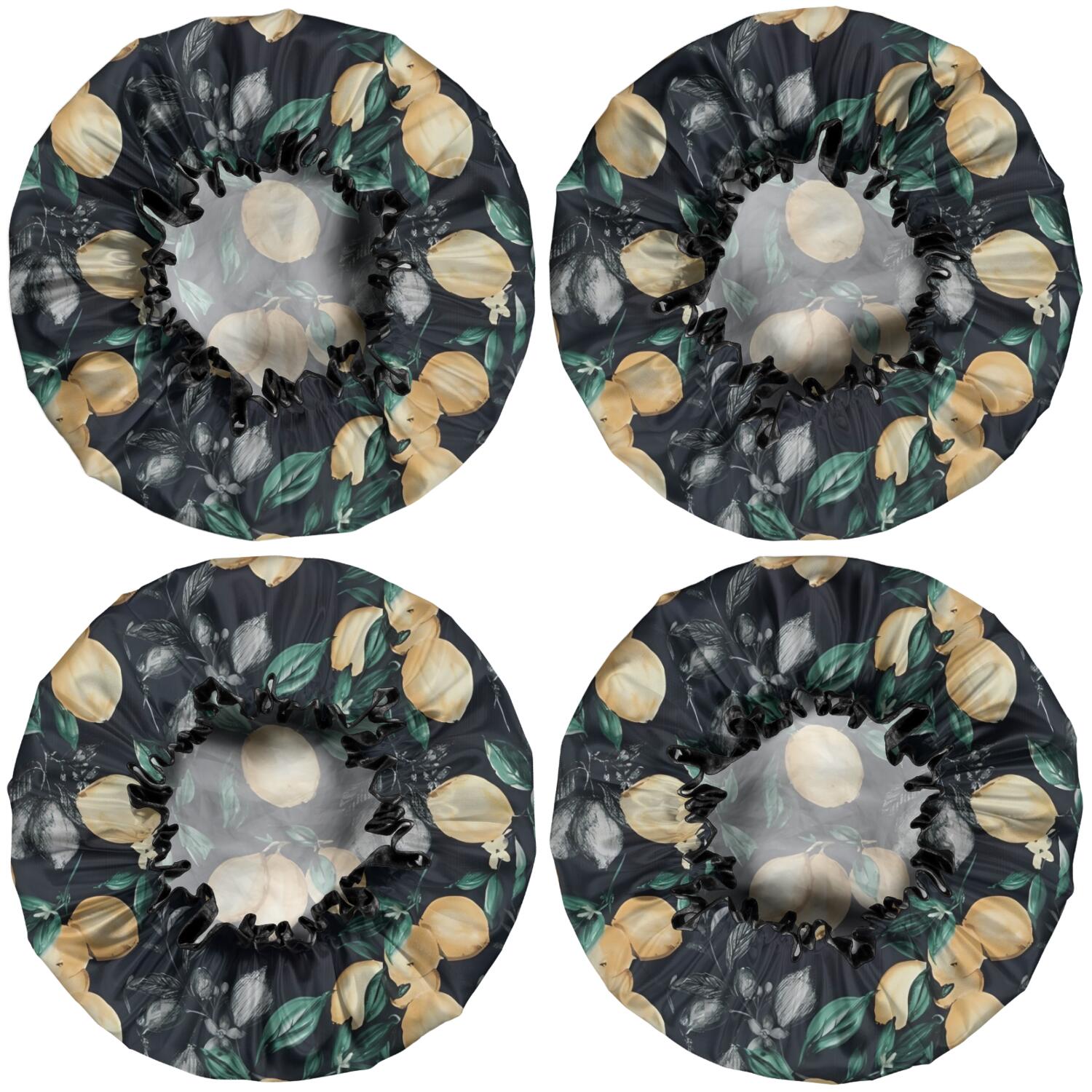 Shower Caps,Yellow Lemon Fruit Leaves Black Pattern Waterproof Shower Cap for Women 4 Pieces,Double Reusable Hair Cover for Shower PEVA Elastic Stretch Hem