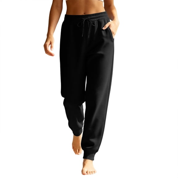 QWKLEAJ Women's Solid Color Drawstring Jogger Sweatpants with Pockets Elastic High Waist Cuffed Casual Athletic Workout Trousers Black 3XL