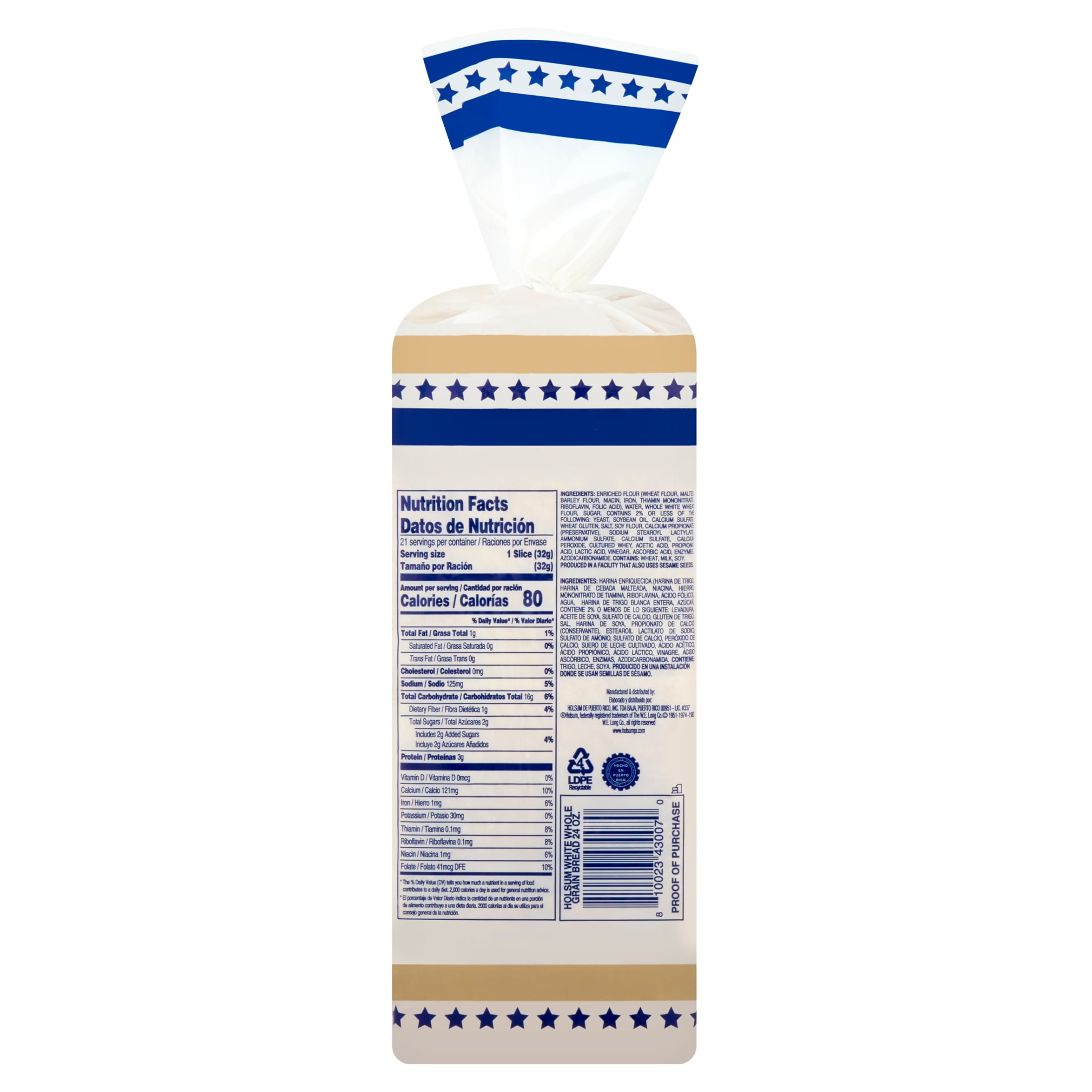 Holsum, Regular Whole Grain White Club Sandwich Bread Loaf, Sliced, 24 oz, Shelf Stable