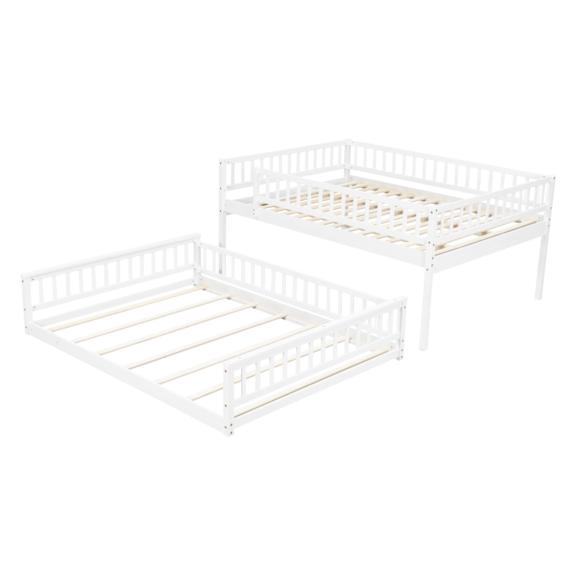 Euroco Wood Queen over Queen Bunk Bed with Ladder and Guardrails, White