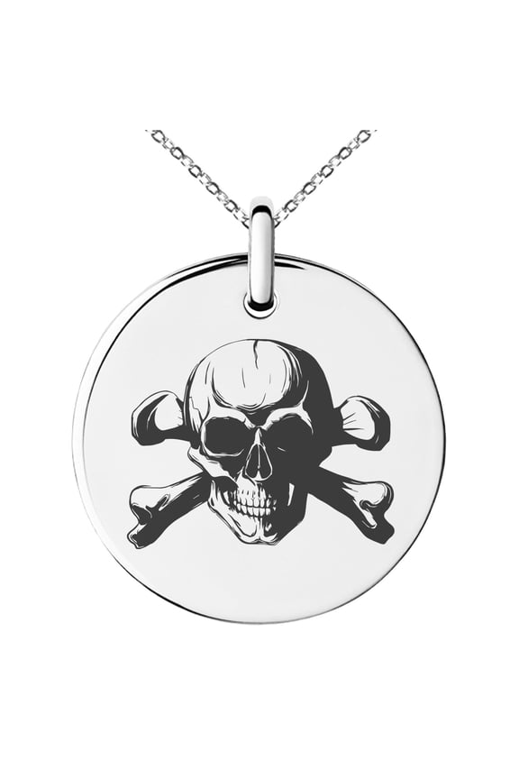 Stainless Steel Iconic Pirate Crossbones Skull Engraved Small Medallion Circle Charm Pendant Necklace