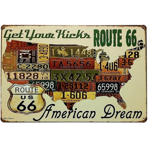 Red USA Map Road 66 License Plate Metal Tin Sign, Vintage Plaque Poster Garage Bar Home Wall Decor, 8x12 inch