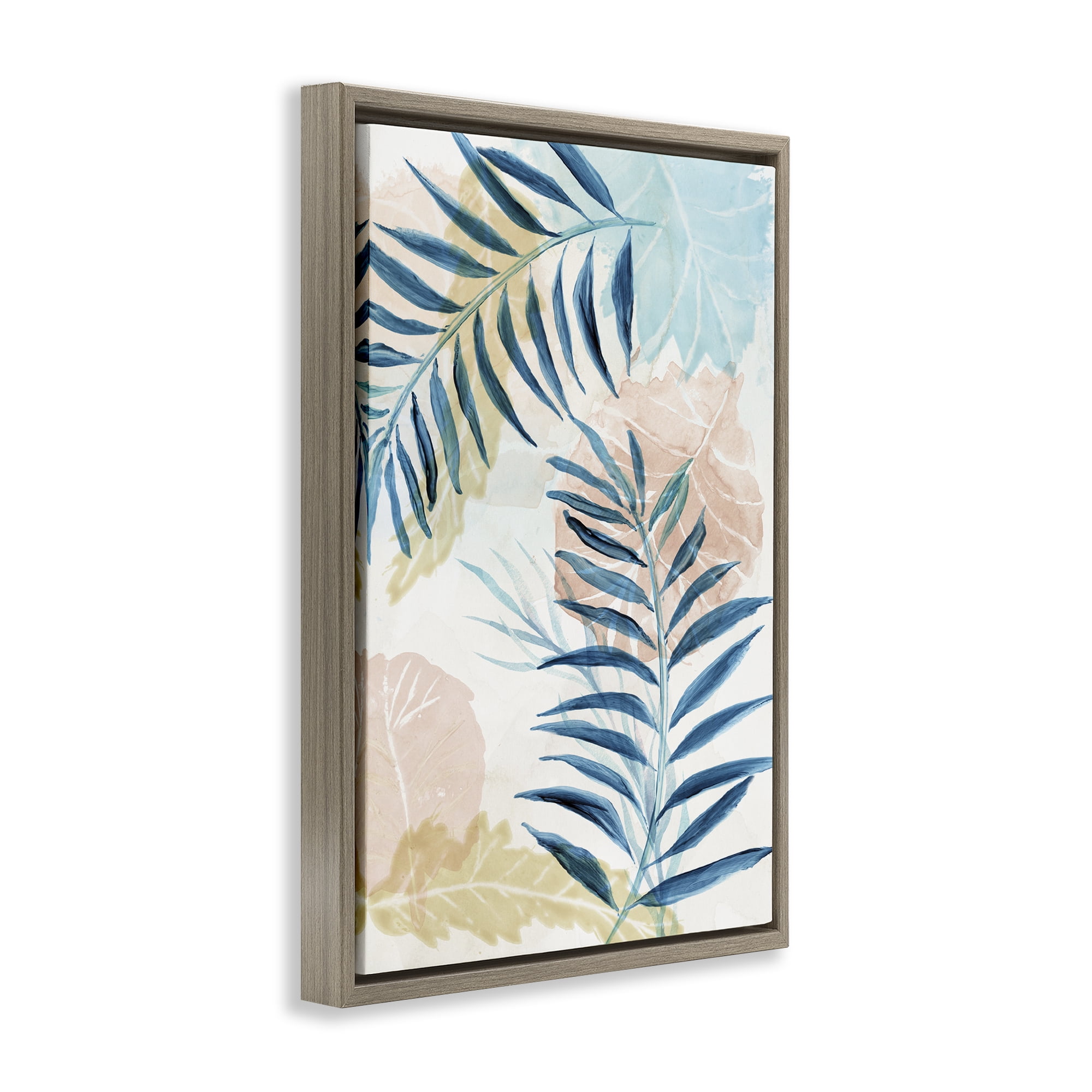 Stupell Industries Blue Palm Fronds in Pastel Haze Brown Framed Floater Canvas Wall Art, design by Nan